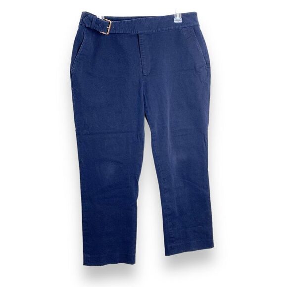 Ralph Lauren Women’s Navy Blue Chino Capri Pants Belted Gold Buckle Size 12 - Picture 1 of 11